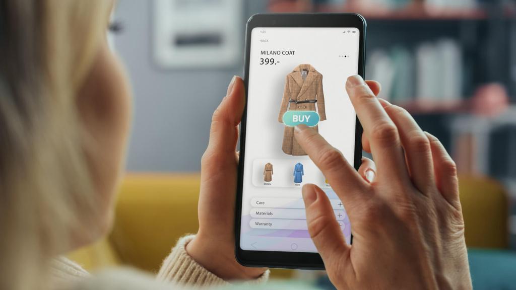 Image of a woman browsing clothing options at a digital retail store on her smartphone. 