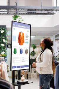  Image of a customer in a physical store using a totem to view variations of products on display.